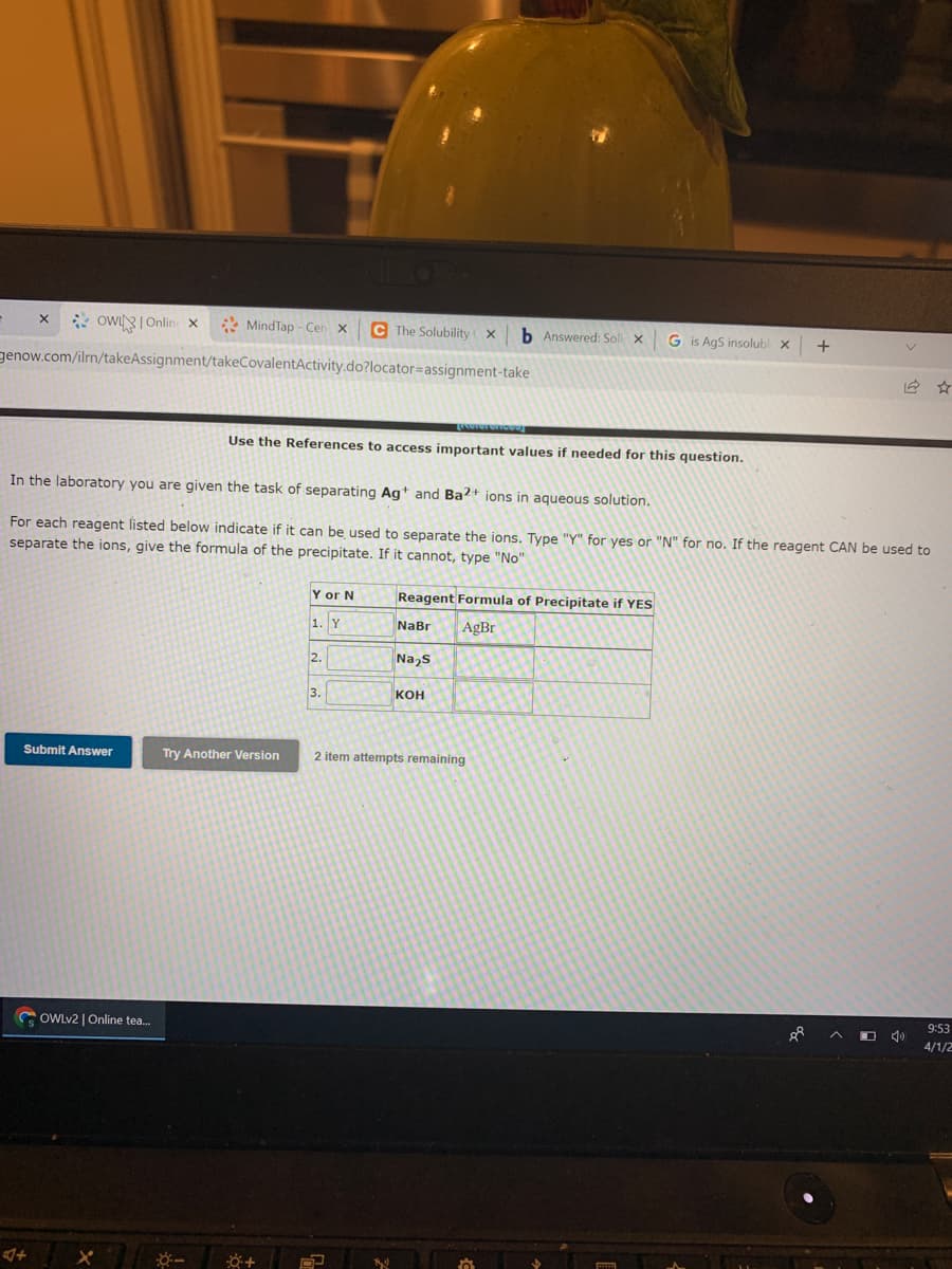 * ow|Onlin x
* MindTap - Cen x
C The Solubility
b Answered: Sol
G is AgS insolubl x
+
genow.com/ilrn/takeAssignment/takeCovalentActivity.do?locator=assignment-take
Use the References to access important values if needed for this question.
In the laboratory you are given the task of separating Agt and Ba?+ ions in aqueous solution.
For each reagent listed below indicate if it can be used to separate the ions. Type "Y" for yes or "N" for no. If the reagent CAN be used to
separate the ions, give the formula of the precipitate. If it cannot, type "No"
Y or N
Reagent Formula of Precipitate if YES
1. Y
NaBr
AgBr
2.
Na,s
3.
кон
Submit Answer
Try Another Version
2 item attempts remaining
9:53
C OWLV2 | Online tea.
4/1/2
※ー
