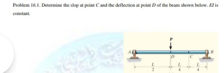 Problem 16.1. Determine the slop at point C and the deflection at point D of the beam shown below. El is
constant.
