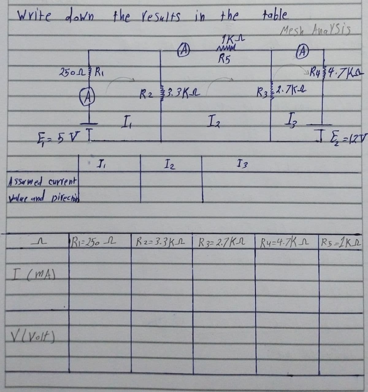 write down
table
Mesh AnaYSis
the results ih the
R5
2501 Ri
Ry 4.7Ks
R23.3Kl
It
I2
I3
ASSer wed current
Valee and pirechi
RI=250 2
R2= 3.3K | R3= 2.7Kl | R4=4.7K R5-1K
I (MA)
