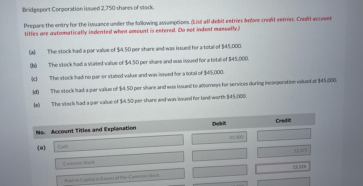 Bridgeport Corporation issued 2,750 shares of stock.
Prepare the entry for the issuance under the following assumptions. (List all debit entries before credit entries. Credit account
titles are automatically indented when amount is entered. Do not indent manually.)
(a)
The stock had a par value of $4.50 per share and was issued for a total of $45,000.
(b)
The stock had a stated value of $4.50 per share and was issued for a total of $45,000.
(c)
The stock had no par or stated value and was issued for a total of $45,000.
(d)
The stock had a par value of $4.50 per share and was issued to attorneys for services during incorporation valued at $45,000.
(e)
The stock had a par value of $4.50 per share and was issued for land worth $45,000.
Debit
Credit
No. Account Titles and Explanation
45,000
(a)
Cash
12,375
Common Stock
15,124
Paid-in Capital in Excess of Par-Common Stock
