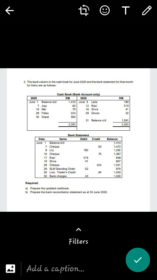 下
2. The bank column in the cash book for June 2020 and the bank statement for that month
for Haris are as follows:
Cash Book (Bank Account only)
2020
RM
2020
RM
June 1 Balance b/d
1,410 June 5 Laila
180
7 Juju
62
12 Razi
519
16 Mei
75
16 Silvia
41
28 Fafau
224
29 Dovan
22
30 Gopal
582
31 Balance c/d
1,591
2,353
2,353
Bank Statement
Date
Items
Debit
Credit
Balance
June 1
Balance b/d
1,410
7 Cheque
8 Lily
16 Cheque
62
1,472
1,292
1,367
180
75
17 Razi
519
848
18 Silvia
41
807
28 Cheque
224
1,031
29 SLM Standing Order
30 Lisa : Trader's Credit
30 Bank charges
52
979
64
1,043
43
1,000
Required:
a) Prepare the updated cashbook.
b) Prepare the bank reconciliation statement as at 30 June 2020.
Filters
Add a caption.
