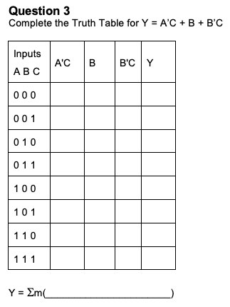 Question 3
Complete the Truth Table for Y = A'C + B + B'C
Inputs
A'C
B
B'C |Y
АВС
000
001
010
011
100
101
110
111
Y = Em(
