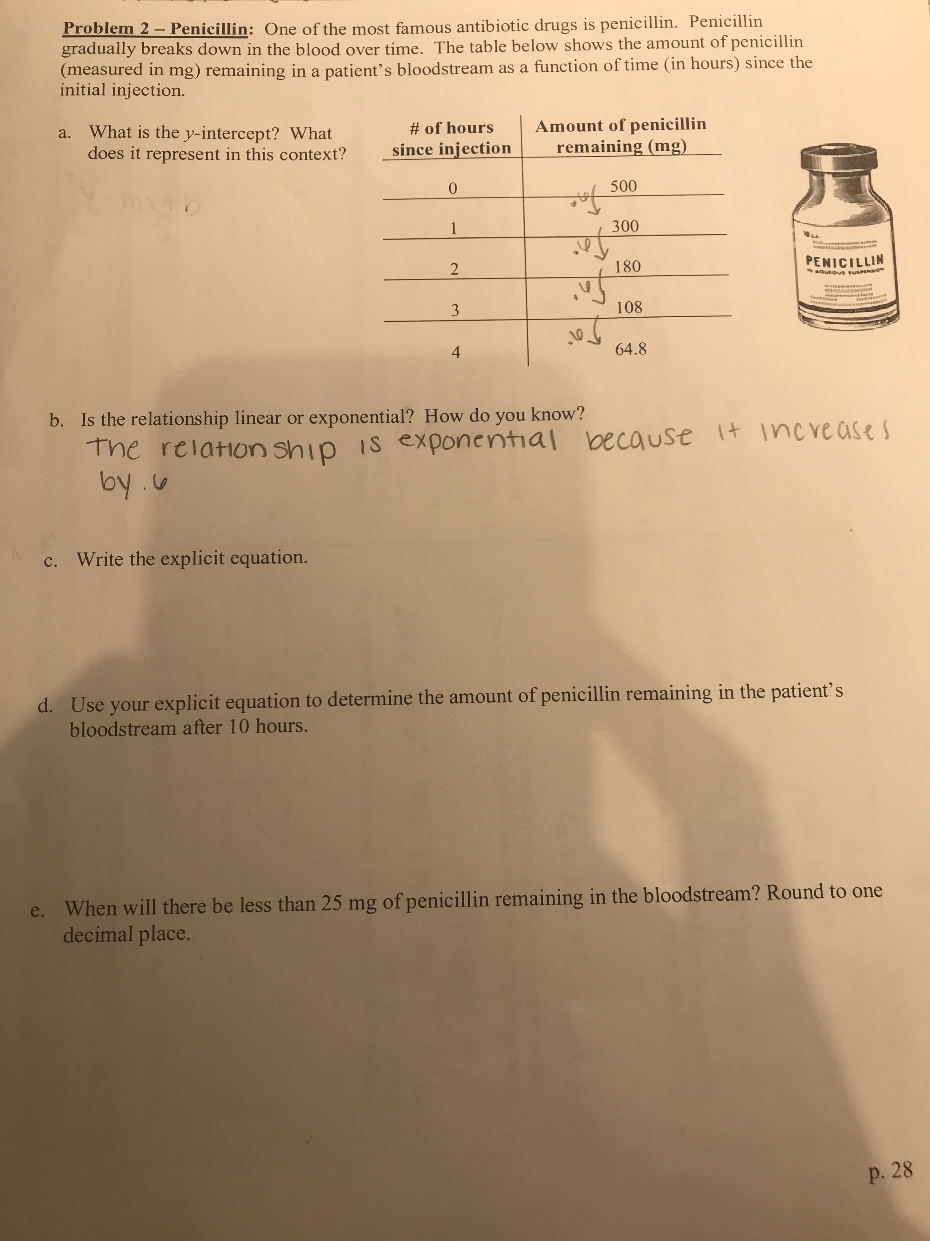 Problem 2-Penicillin: One of the most famous antibiotic drugs is penicillin. Penicillin
gradually breaks down in the blood over time. The table below shows the amount of penicillin
(measured in mg) remaining in a
initial injection.
patient's bloodstream as a function of time (in hours) since the
Amount of penicillin
remaining (mg)
# of hours
What is the y-intercept? What
does it represent in this context?
a.
since injection
500
0
Inx
300
1
?EאICI LLIא
180
2
tou wiN
d 8 s
108
3
64.8
4
Is the relations hip linear or exponential? How do you know?
b.
The relation ship is exponential because it ncveases
by
c. Write the explicit equation.
Use your explicit equation to determine the amount of penicillin remaining in the patient's
bloodstream after 10 hours.
d.
When will there be less than 25 mg of penicillin remaining in the bloodstream? Round to one
decimal place.
e.
P. 28
