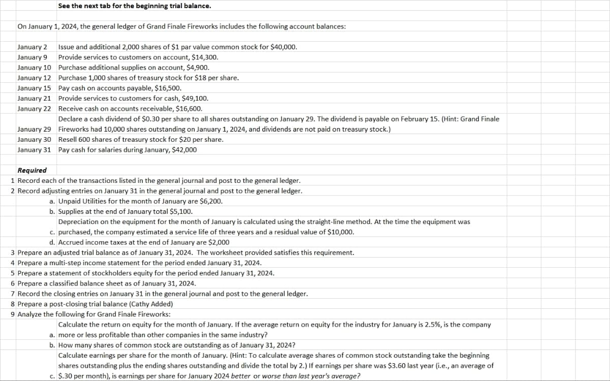 See the next tab for the beginning trial balance.
On January 1, 2024, the general ledger of Grand Finale Fireworks includes the following account balances:
January 2
Issue and additional 2,000 shares of $1 par value common stock for $40,000.
Provide services to customers on account, $14,300.
January 9
January 10
Purchase additional supplies on account, $4,900.
January 12
Purchase 1,000 shares of treasury stock for $18 per share.
January 15
Pay cash on accounts payable, $16,500.
January 21
Provide services to customers for cash, $49,100.
January 22
Receive cash on accounts receivable, $16,600.
Declare a cash dividend of $0.30 per share to all shares outstanding on January 29. The dividend is payable on February 15. (Hint: Grand Finale
Fireworks had 10,000 shares outstanding on January 1, 2024, and dividends are not paid on treasury stock.)
January 29
Resell 600 shares of treasury stock for $20 per share.
January 30
January 31
Pay cash for salaries during January, $42,000
Required
1 Record each of the transactions listed in the general journal and post to the general ledger.
2 Record adjusting entries on January 31 in the general journal and post to the general ledger.
a. Unpaid Utilities for the month of January are $6,200.
b. Supplies at the end of January total $5,100.
Depreciation on the equipment for the month of January is calculated using the straight-line method. At the time the equipment was
c. purchased, the company estimated a service life of three years and a residual value of $10,000.
d. Accrued income taxes at the end of January are $2,000
3 Prepare an adjusted trial balance as of January 31, 2024. The worksheet provided satisfies this requirement.
4 Prepare a multi-step income statement for the period ended January 31, 2024.
5 Prepare a statement of stockholders equity for the period ended January 31, 2024.
6 Prepare a classified balance sheet as of January 31, 2024.
7 Record the closing entries on January 31 in the general journal and post to the general ledger.
8 Prepare a post-closing trial balance (Cathy Added)
9 Analyze the following for Grand Finale Fireworks:
Calculate the return on equity for the month of January. If the average return on equity for the industry for January is 2.5%, is the company
a. more or less profitable than other companies in the same industry?
b. How many shares of common stock are outstanding as of January 31, 2024?
Calculate earnings per share for the month of January. (Hint: To calculate average shares of common stock outstanding take the beginning
shares outstanding plus the ending shares outstanding and divide the total by 2.) If earnings per share was $3.60 last year (i.e., an average of
c. $.30 per month), is earnings per share for January 2024 better or worse than last year's average?