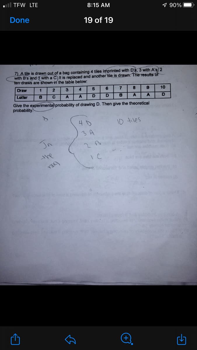 l TEW LTE
8:15 AM
9 90%
Done
19 of 19
7) A tile is drawn out of a bag containing 4 tiles imprinted with D's, 3 with A's) 2
with B's and 1 with a C. It is replaced and another tile is drawn. The results of
ten draws are shown in the table below:
Draw
1
3
4
5
6
10
Letter
A
A
D
A
Give the experimental probability of drawing D. Then give the theoretical
probability.
4D
10 tiles
3 A
Jn
2B
the
