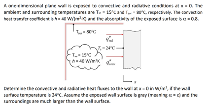 A one-dimensional plane wall is exposed to convective and radiative conditions at x = 0. The
ambient and surrounding temperatures are T = 15°C and Tur= 80°C, respectively. The convection
heat transfer coefficient is h = 40 W/(m²K) and the absorptivity of the exposed surface is a = 0.8.
T=80°C
T_=15°C
h=40 W/m²K
9d
24°C
Lx
Determine the convective and radiative heat fluxes to the wall at x = 0 in W/m², if the wall
surface temperature is 24°C. Assume the exposed wall surface is gray (meaning a = e) and the
surroundings are much larger than the wall surface.