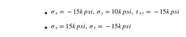 • 6x = -15kpsi, oy = 10kpsi, Txy = − 15kpsi
• 6x = 15kpsi, ay = - 15kpsi