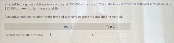 Kingbird, Inc. acquires a delivery truck at a cost of $57,000 on January 1, 2022. The truck is expected to have a salvage value of
$13,500 at the end of its 4-year useful life.
Compute annual depreciation for the first and second years using the straight-line method.
Annual depreciation expense
Year 1
Year 2