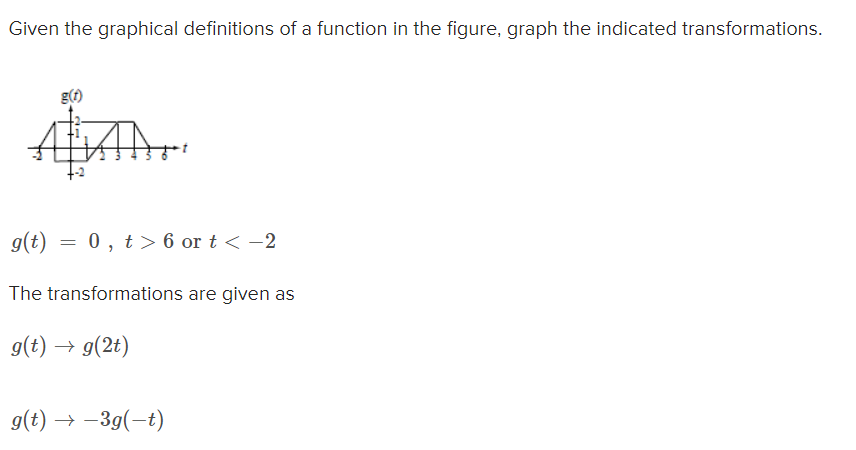 Given the graphical definitions of a function in the figure, graph the indicated transformations.
g()
g(t) = 0 , t> 6 or t < -2
The transformations are given as
g(t) → g(2t)
g(t) → -39(-t)
