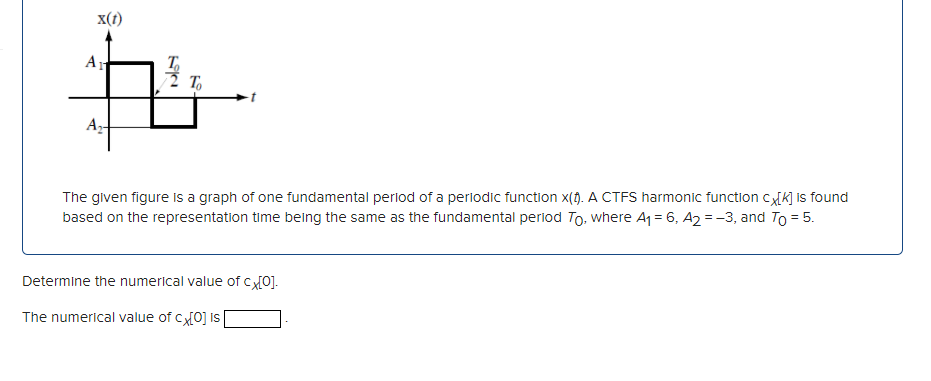 x(1)
A
T,
T,
Az-
The given figure is a graph of one fundamental period of a periodic function x(4). A CTFS harmonic function cxK] is found
based on the representation time being the same as the fundamental period To, where A1 = 6, A2 =-3, and To = 5.
Determine the numerical value of cx0].
The numerical value of cx0] is
