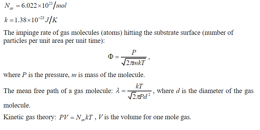 Nav=6.022×1023 /mol
k = 1.38×10-23 J/K
The impinge rate of gas molecules (atoms) hitting the substrate surface (number of
particles per unit area per unit time):
P
√2TankT
where P is the pressure, m is mass of the molecule.
kT
The mean free path of a gas molecule: λ =·
√₂7Pd²
where d is the diameter of the gas
molecule.
Kinetic gas theory: PV = NkT, V is the volume for one mole gas.