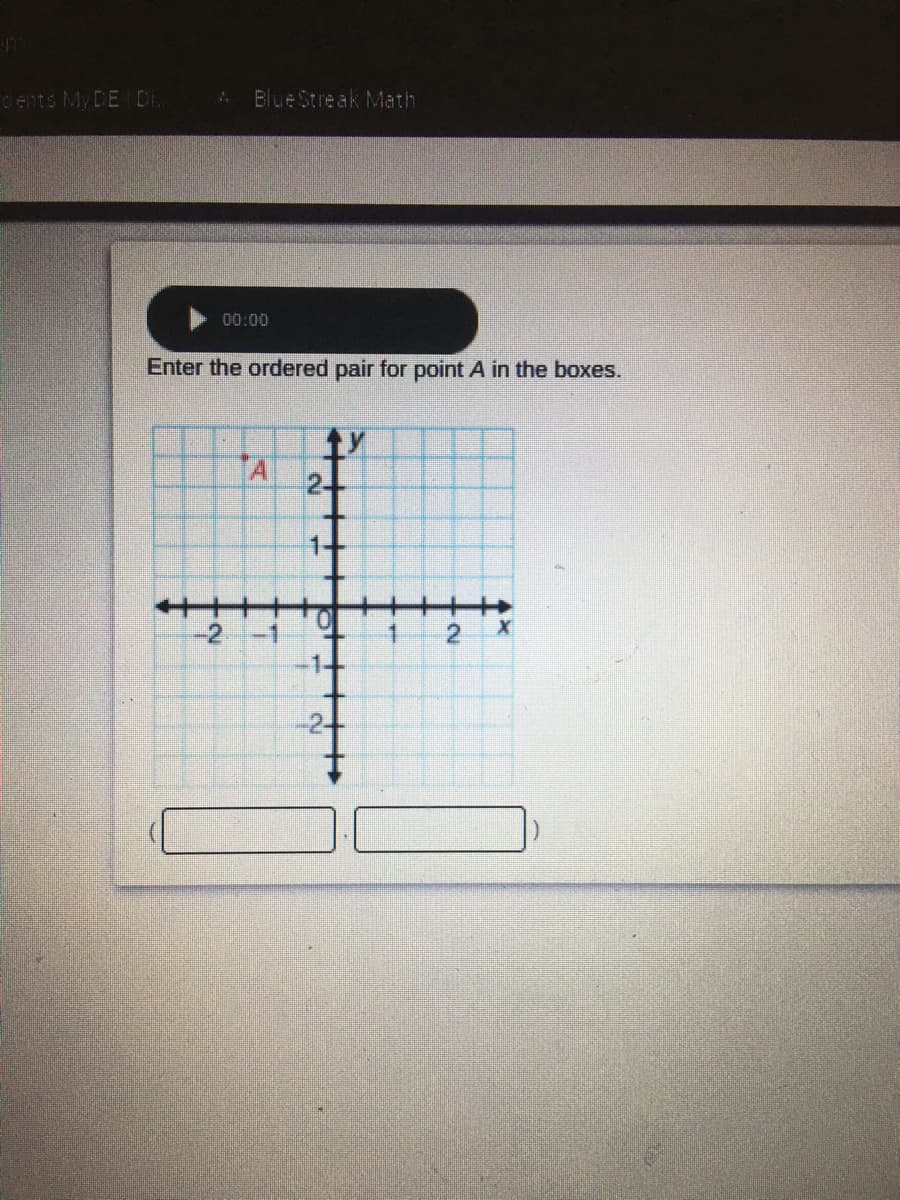 Oents My DE Di
Blue Streak Math
00:00
Enter the ordered pair for point A in the boxes.
A
24
++
-2
14
