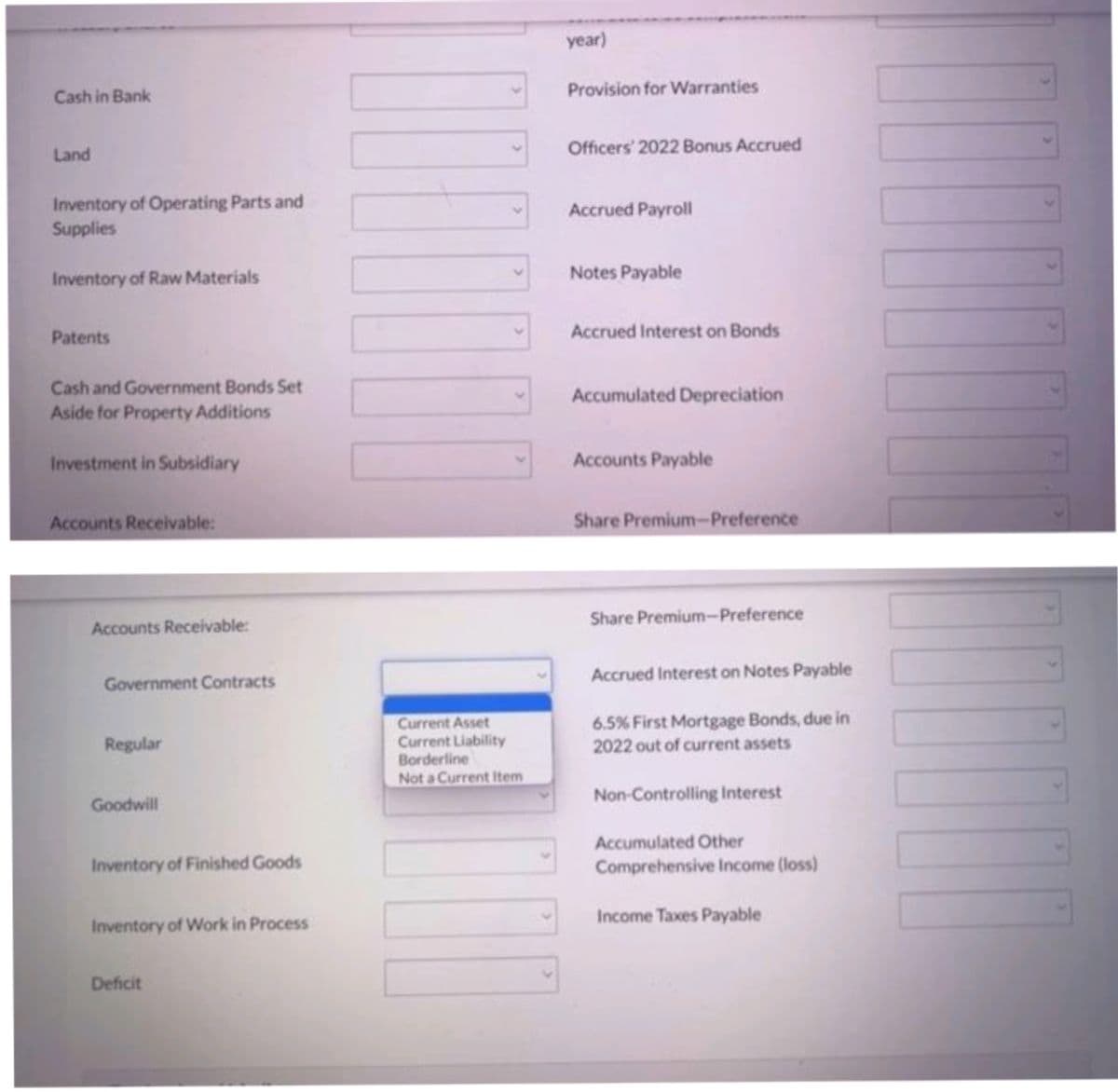 Cash in Bank
Land
Inventory of Operating Parts and
Supplies
Inventory of Raw Materials
Patents
Cash and Government Bonds Set
Aside for Property Additions
Investment in Subsidiary
Accounts Receivable:
Accounts Receivable:
Government Contracts
Regular
Goodwill
Inventory of Finished Goods
Inventory of Work in Process
Deficit
Current Asset
Current Liability
Borderline
Not a Current Item
year)
Provision for Warranties
Officers' 2022 Bonus Accrued
Accrued Payroll
Notes Payable
Accrued Interest on Bonds
Accumulated Depreciation
Accounts Payable
Share Premium-Preference
Share Premium-Preference
Accrued Interest on Notes Payable
6.5% First Mortgage Bonds, due in
2022 out of current assets
Non-Controlling Interest
Accumulated Other
Comprehensive Income (loss)
Income Taxes Payable