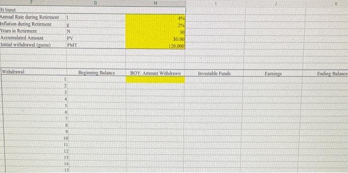 3) Input
Annual Rate during Retirment 1
Inflation during Retirment
Years in Retirment
Accumulated Amount
Initial withdrawal (guess)
Withdrawal
E
N
PV
PMT
1
2
3
4
5
6
7
8
9
10
11
12
13
14
15
Beginning Balance
4%
21
30
$0.00
120,000
BOY: Amount Withdrawn
Investable Funds
Earnings
Ending Balances