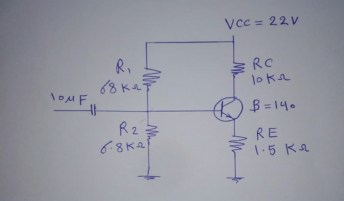 TOM F
HA
R₁
68 кл
R 2
6.8ка
Vcc= 22V
RC
loka
В=140
RE
1-5 кл