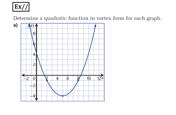 Ex//|
Determine a quadratic function in vertex form for each graph.
a)
AX)
8
4
2
2 0
6.
10 12x
-2
