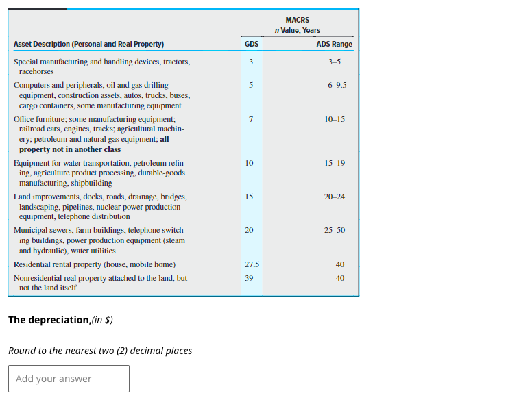 Asset Description (Personal and Real Property)
Special manufacturing and handling devices, tractors,
racehorses
Computers and peripherals, oil and gas drilling
equipment, construction assets, autos, trucks, buses,
cargo containers, some manufacturing equipment
Office furniture; some manufacturing equipment;
railroad cars, engines, tracks; agricultural machin-
ery; petroleum and natural gas equipment; all
property not in another class
Equipment for water transportation, petroleum refin-
ing, agriculture product processing, durable-goods
manufacturing, shipbuilding
Land improvements, docks, roads, drainage, bridges,
landscaping, pipelines, nuclear power production
equipment, telephone distribution
Municipal sewers, farm buildings, telephone switch-
ing buildings, power production equipment (steam
and hydraulic), water utilities
Residential rental property (house, mobile home)
Nonresidential real property attached to the land, but
not the land itself
The depreciation,(in $)
Round to the nearest two (2) decimal places
Add your answer
GDS
3
5
7
10
15
20
27.5
39
MACRS
n Value, Years
ADS Range
3-5
6-9.5
10-15
15-19
20-24
25-50
40
40