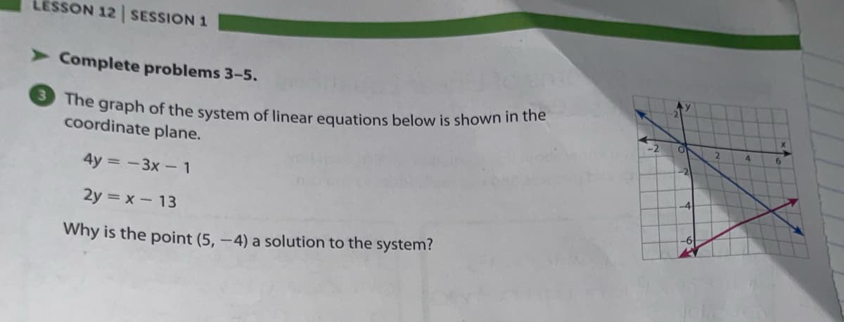 3 The graph of the system of linear equations below is shown in the
LESSON 12 SESSION 1
Complete problems 3-5.
coordinate plane.
-2
2.
-2
4y =-3x- 1
2y = x - 13
Why is the point (5, –4) a solution to the system?
