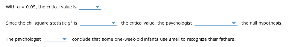 With a = 0.05, the critical value is
Since the chi-square statistic X² is
The psychologist
the critical value, the psychologist
conclude that some one-week-old infants use smell to recognize their fathers.
the null hypothesis.