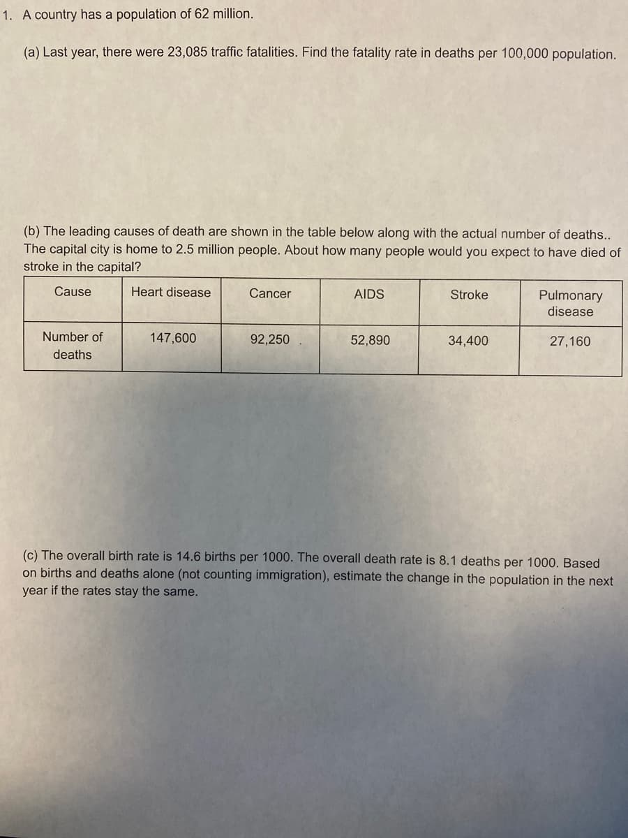 1. A country has a population of 62 million.
(a) Last year, there were 23,085 traffic fatalities. Find the fatality rate in deaths per 100,000 population.
(b) The leading causes of death are shown in the table below along with the actual number of deaths..
The capital city is home to 2.5 million people. About how many people would you expect to have died of
stroke in the capital?
Cause
Heart disease
Cancer
AIDS
Stroke
Pulmonary
disease
Number of
147,600
92,250
52,890
34,400
27,160
deaths
(c) The overall birth rate is 14.6 births per 1000. The overall death rate is 8.1 deaths per 1000. Based
on births and deaths alone (not counting immigration), estimate the change in the population in the next
year if the rates stay the same.
