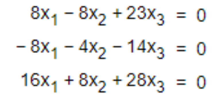 8x, - 8x2 + 23x3 = 0
- 8x1 - 4X2 - 14X3 = 0
16x1 + 8x2 + 28x3 = 0
%3D
