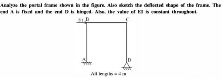 Analyze the portal frame shown in the figure. Also sketch the deflected shape of the frame. The
end A is fixed and the end D is hinged. Also, the value of EI is constant throughout.
8t B
C
All lengths = 4 m
