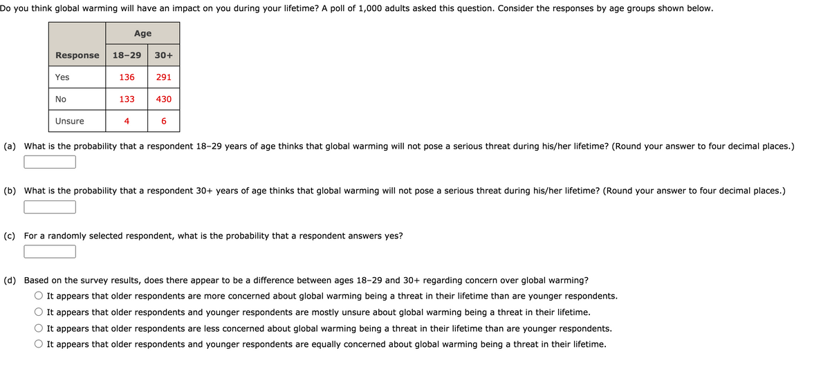 Do you think global warming will have an impact on you during your lifetime? A poll of 1,000 adults asked this question. Consider the responses by age groups shown below.
Age
Response
18-29
30+
Yes
136
291
No
133
430
Unsure
4
6.
(a) What is the probability that a respondent 18-29 years of age thinks that global warming will not pose a serious threat during his/her lifetime? (Round your answer to four decimal places.)
(b) What is the probability that a respondent 30+ years of age thinks that global warming will not pose a serious threat during his/her lifetime? (Round your answer to four decimal places.)
(c) For a randomly selected respondent, what is the probability that a respondent answers yes?
(d) Based on the survey results, does there appear to be a difference between ages 18-29 and 30+ regarding concern over global warming?
It appears that older respondents are more concerned about global warming being a threat in their lifetime than are younger respondents.
It appears that older respondents and younger respondents are mostly unsure about global warming being a threat in their lifetime.
It appears that older respondents are less concerned about global warming being a threat in their lifetime than are younger respondents.
It appears that older respondents and younger respondents are equally concerned about global warming being a threat in their lifetime.
