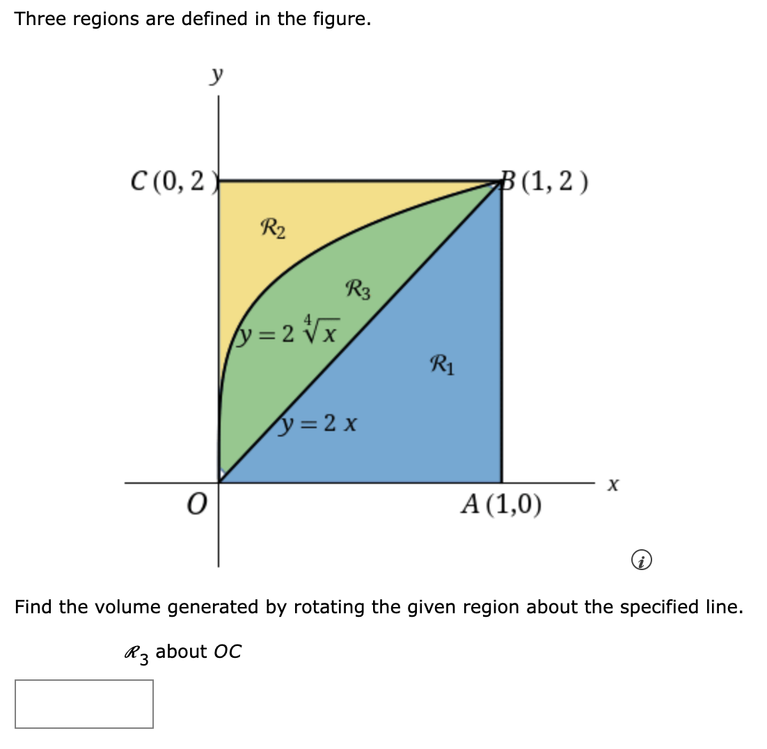 Three regions are defined in the figure.
y
C (0, 2)
0
R₂
/y = 2√√x
R3
y = 2 x
R₁
B(1,2)
A (1,0)
X
Find the volume generated by rotating the given region about the specified line.
R3 about OC