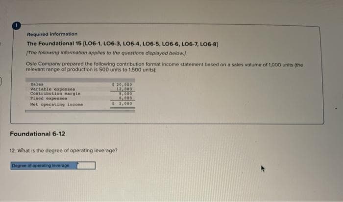 Required information
The Foundational 15 (LO6-1, LO6-3, LO6-4, LO6-5, LO6-6, LO6-7, LO6-8)
(The following information applies to the questions displayed below.)
Oslo Company prepared the following contribution format income statement based on a sales volume of 1,000 units (the
relevant range of production is 500 units to 1,500 units):
$20,000
12,000
,000
6,000
$ 2,000
Sales
Variable expenses
Contribution margin
Pixed expennes
Net operating income
Foundational 6-12
12. What is the degree of operating leverage?
Degrme of aperabing leverage
