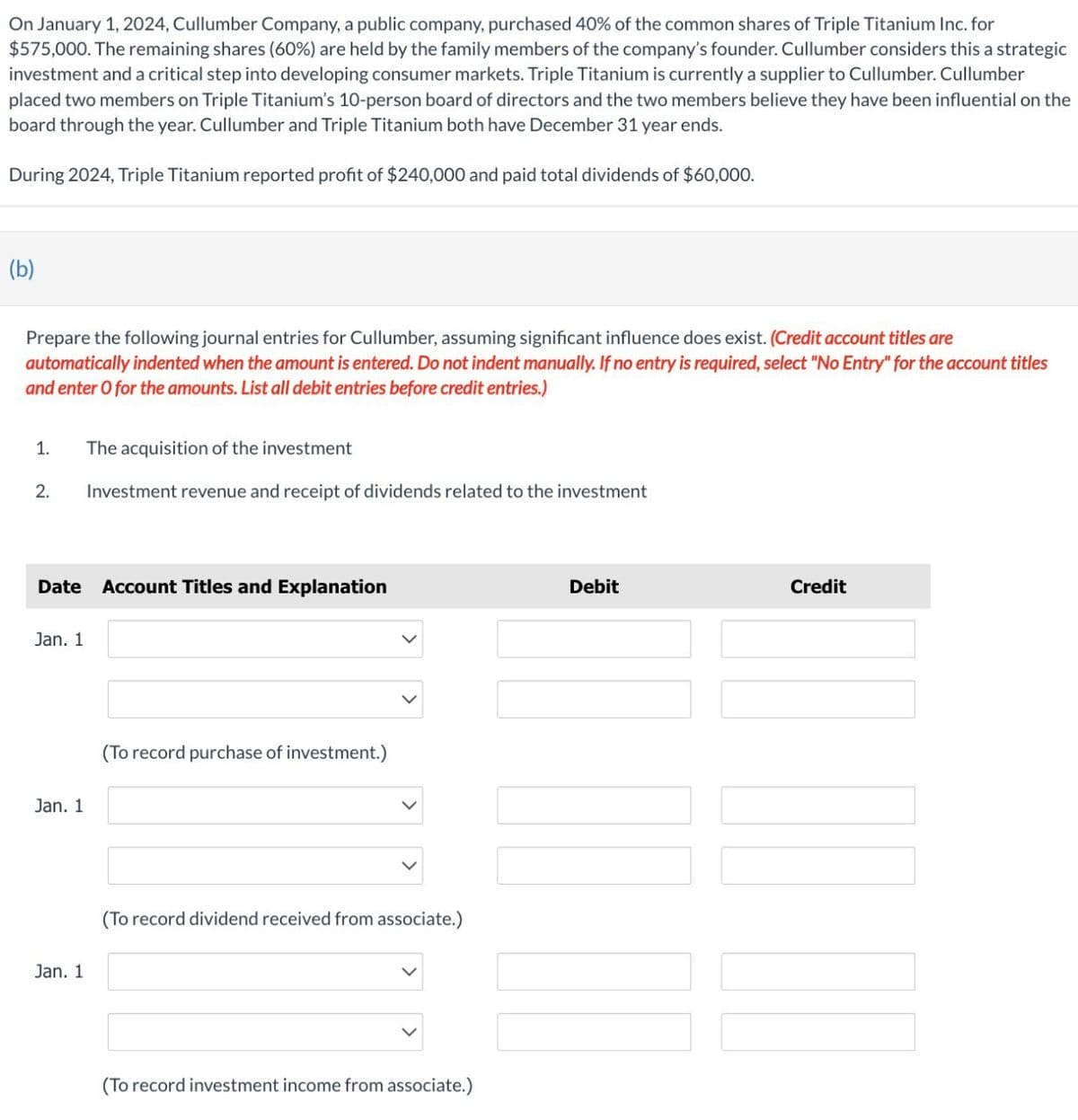 On January 1, 2024, Cullumber Company, a public company, purchased 40% of the common shares of Triple Titanium Inc. for
$575,000. The remaining shares (60%) are held by the family members of the company's founder. Cullumber considers this a strategic
investment and a critical step into developing consumer markets. Triple Titanium is currently a supplier to Cullumber. Cullumber
placed two members on Triple Titanium's 10-person board of directors and the two members believe they have been influential on the
board through the year. Cullumber and Triple Titanium both have December 31 year ends.
During 2024, Triple Titanium reported profit of $240,000 and paid total dividends of $60,000.
(b)
Prepare the following journal entries for Cullumber, assuming significant influence does exist. (Credit account titles are
automatically indented when the amount is entered. Do not indent manually. If no entry is required, select "No Entry" for the account titles
and enter O for the amounts. List all debit entries before credit entries.)
1.
The acquisition of the investment
2.
Investment revenue and receipt of dividends related to the investment
Date
Account Titles and Explanation
Jan. 1
Jan. 1
Jan. 1
(To record purchase of investment.)
(To record dividend received from associate.)
(To record investment income from associate.)
Debit
Credit