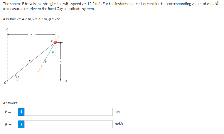 The sphere P travels in a straight line with speed v= 12.2 m/s. For the instant depicted, determine the corresponding values of r and 0
as measured relative to the fixed Oxy coordinate system.
Assume x = 4.3 m, y = 3.2 m, p = 25%
Answers:
r =
=
i
i
P
m/s
rad/s