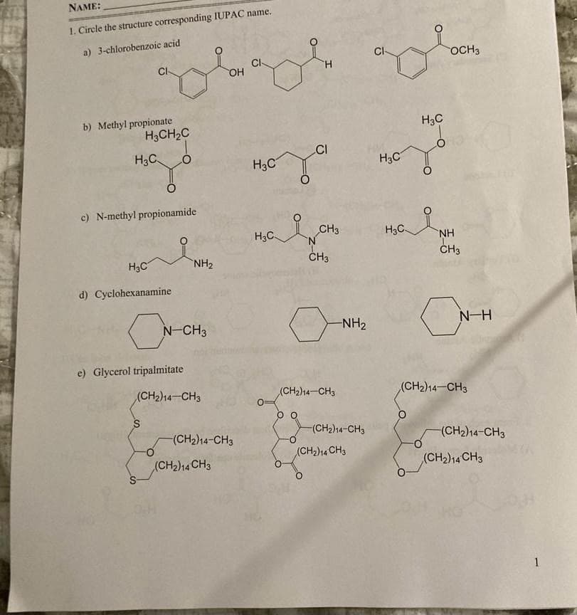 NAME:
1. Circle the structure corresponding IUPAC name.
a) 3-chlorobenzoic acid
b) Methyl propionate
CI-
H3C
H3CH₂C
c) N-methyl propionamide
H₂C
d) Cyclohexanamine
a
e) Glycerol tripalmitate
S
S-
CI-
OCH3
hale explor
OH
NH₂
(CH₂)14-CH3
N-CH3
(CH₂)14-CH3
(CH2)14 CH3
CI
saya
H3C
H3C-
H
0 0
CH3
(CH₂)14-CH3
O
N
CH3
-NH₂
(CH₂)14-CH3
(CH₂)14 CH3
CI-
H3C
H₂C
H3C
O
NH
CH3
N-H
(CH₂)14-CH3
(CH2)14-CH3
(CH2)14 CH3
1