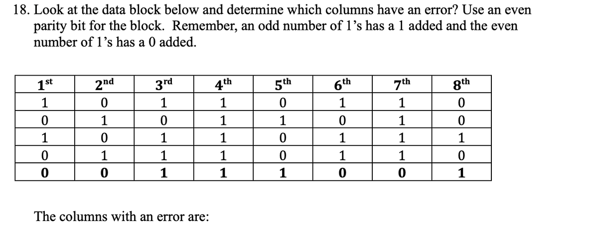 18. Look at the data block below and determine which columns have an error? Use an even
parity bit for the block. Remember, an odd number of 1's has a 1 added and the even
number of 1's has a 0 added.
1st
2nd
3rd
4th
5th
6th
7th
8th
1
1
1
1
1
1
1
1
1
1
1
1
1
1
1
1
1
1
1
1
1
1
1
1
The columns with an error are:
