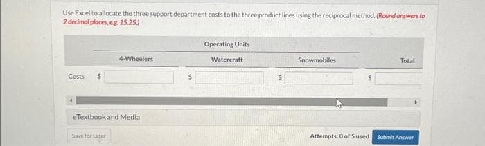 Use Excel to allocate the three support department costs to the three product lines using the reciprocal method. (Round answers to
2 decimal places, eg. 15.25.)
Costs $
4-Wheelers
eTextbook and Media
Save for Later
Operating Units
Watercraft
Snowmobiles
Total
Attempts: 0 of 5 used Submit Answer