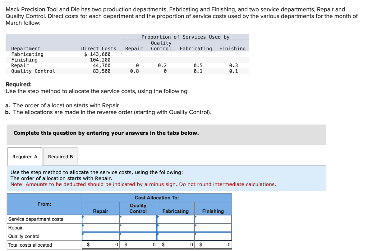 Mack Precision Tool and Die has two production departments, Fabricating and Finishing, and two service departments, Repair and
Quality Control. Direct costs for each department and the proportion of service costs used by the various departments for the month of
March follow:
Department
Fabricating
Finishing
Repair
Quality Control
Required A
Required:
Use the step method to allocate the service costs, using the following:
Required B
Direct Costs Repair
$ 143,600
104, 200
44,700
83,500
a. The order of allocation starts with Repair.
b. The allocations are made in the reverse order (starting with Quality Control).
From:
Proportion of Services Used by
Quality
Control Fabricating Finishing
0
0.8
Complete this question by entering your answers in the tabs below.
Service department costs
Repair
Quality control
Total costs allocated
Repair
0.2
0
0 $
Use the step method to allocate the service costs, using the following:
The order of allocation starts with Repair.
Note: Amounts to be deducted should be indicated by a minus sign. Do not round intermediate calculations.
Cost Allocation To:
Quality
Control
0.5
0.1
Fabricating
0 $
0
0.3
0.1
Finishing
0