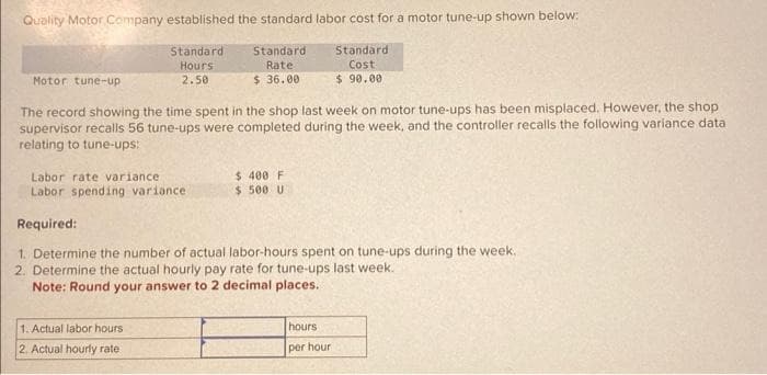 Quality Motor Company established the standard labor cost for a motor tune-up shown below:
Standard
Rate
$36.00
Standard
Cost
$ 90.00
Motor tune-up
Standard
Hours
2.50
The record showing the time spent in the shop last week on motor tune-ups has been misplaced. However, the shop
supervisor recalls 56 tune-ups were completed during the week, and the controller recalls the following variance data
relating to tune-ups:
Labor rate variance.
Labor spending variance
1. Actual labor hours
2. Actual hourly rate
$ 400 F
$ 500 U
Required:
1. Determine the number of actual labor-hours spent on tune-ups during the week..
2. Determine the actual hourly pay rate for tune-ups last week.
Note: Round your answer to 2 decimal places.
hours
per hour