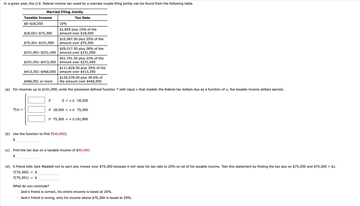 In a given year, the U.S. federal income tax owed by a married couple filing jointly can be found from the following table.
Married Filing Jointly
Taxable Income
$0-$18,550
T(x) =
$18,551-$75,300
$75,301-$151,900 amount over $75,300
$413,351-$466,950
Tax Rate
10%
$1,855 plus 15% of the
amount over $18,550
$10,367.50 plus 25% of the
$151,901-$231,450 amount over $151,900
$466,951 or more
if
$29,517.50 plus 28% of the
$231,451-$413,350 amount over $231,450
$51,791.50 plus 33% of the
$130,578.50 plus 39.6% of
the amount over $466,950
(a) For incomes up to $151,900, write the piecewise defined function T with input x that models the federal tax dollars due as a function of x, the taxable income dollars earned.
$111,818.50 plus 35% of the
amount over $413,350
0 < x≤ 18,550
if 18,550 < x≤ 75,300
if 75,300 < x≤ 151,900
(b) Use the function to find T(40,000).
$
(c) Find the tax due on a taxable inco of $90,000.
$
(d) A friend tells Jack Waddell not to earn any money over $75,300 because it will raise his tax rate to 25% on all of his taxable income. Test this statement by finding the tax due on $75,300 and $75,300 + $1.
T(75,300) = $
T(75,301) = $
What do you conclude?
O Jack's friend is correct, his entire encome is taxed at 25%.
o Jack's friend is wrong, only his income above $75,300 is taxed at 25%.