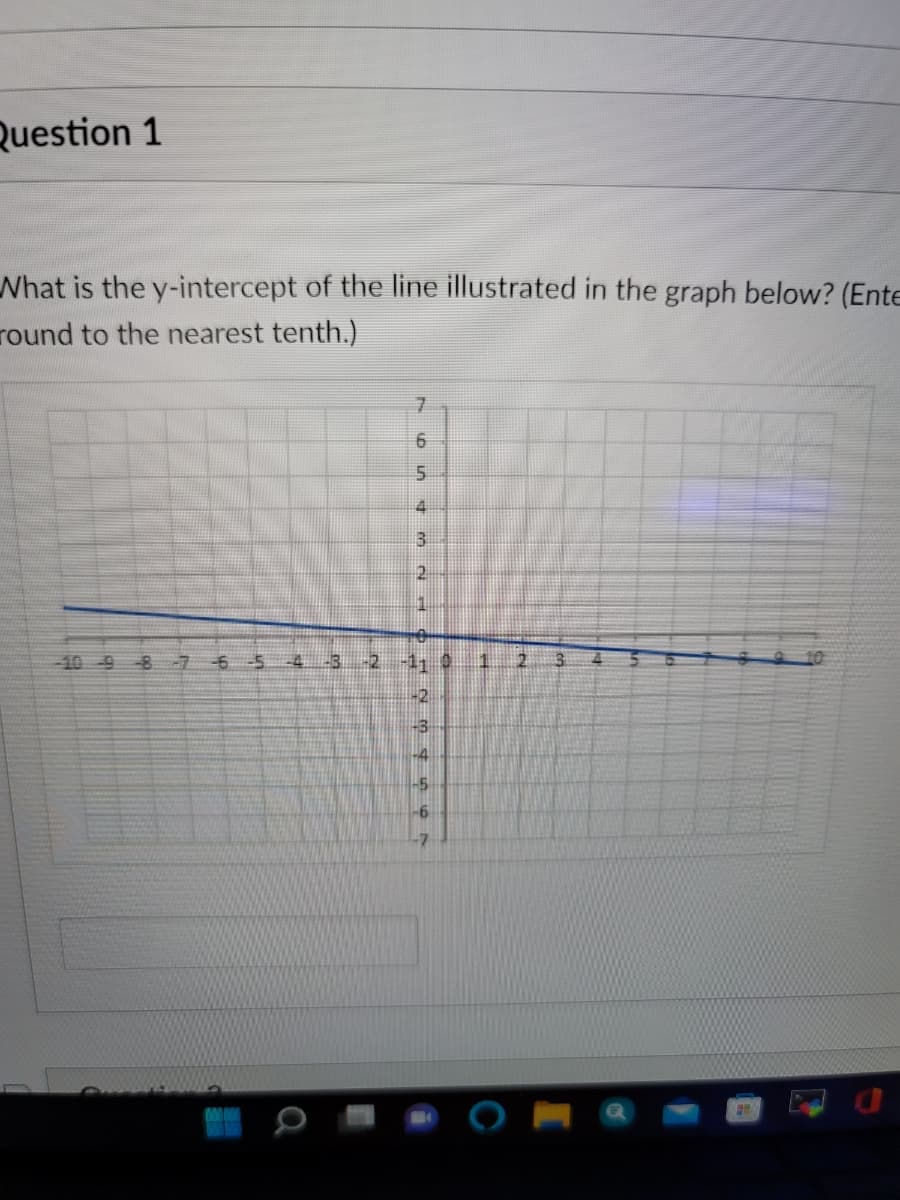 Question 1
What is the y-intercept of the line illustrated in the graph below? (Ente
round to the nearest tenth.)
7.
6.
4
3.
2.
10-9 8 7
-6
-4 3
-2-1
10
-2
-4
-5
-7
