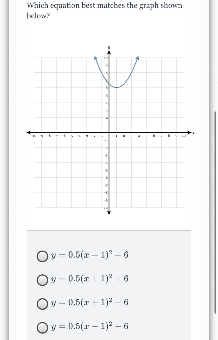 Which equation best matches the graph shown
below?
10
9.
4
-1
-10
-9
-8
-7
-6
-5
-4
-3
-2
-1
1
3
4
7
8
9
10
-1
-2
-3
-4
-5
-6
-7
-8
-9
-10
Oy = 0.5(x – 1)² + 6
-
Oy = 0.5(x + 1)² + 6
Oy = 0.5(x + 1)² – 6
Oy = 0.5(x – 1)² – 6
