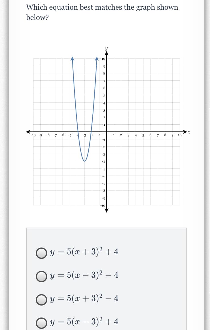 Which equation best matches the graph shown
below?
10
-7
4
-10
-9
-8
-7
-9-
-5
-3
2
-1
1
3
4
9
10
-1
-2
-3
-4
-5
-6
-7
-8
-9
-10
Oy = 5(x + 3)² + 4
Oy = 5(x – 3)2 – 4
Oy = 5(x + 3)² – 4
y = 5(x – 3)² + 4
