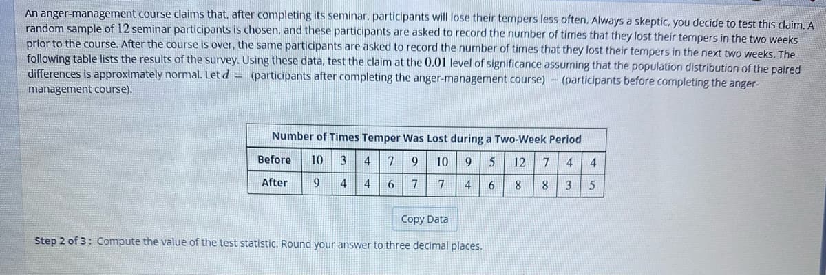 ### Evaluating an Anger-Management Course

An anger-management course claims that, after completing its seminar, participants will lose their tempers less often. To test this claim, a random sample of 12 seminar participants is chosen. These participants are asked to record the number of times they lost their tempers in the two weeks prior to the course. After the course, the same participants are asked to record the number of times they lost their tempers in the following two weeks. 

The table below shows the results of the survey. Using these data, the goal is to test the claim at the 0.01 level of significance, assuming that the population distribution of the paired differences is approximately normal.

Let \( d = \) (participants after completing the anger-management course) - (participants before completing the anger-management course).

#### Table: Number of Times Temper Was Lost during a Two-Week Period

|         | Before | After |
|---------|--------|-------|
| Sample 1| 10     | 9     |
| Sample 2| 3      | 4     |
| Sample 3| 4      | 4     |
| Sample 4| 7      | 6     |
| Sample 5| 9      | 7     |
| Sample 6| 10     | 4     |
| Sample 7| 9      | 6     |
| Sample 8| 5      | 8     |
| Sample 9| 12     | 8     |
| Sample 10| 7     | 3     |
| Sample 11| 4     | 4     |
| Sample 12| 4     | 5     |

#### Step 2 of 3: 
Compute the value of the test statistic. Round your answer to three decimal places. 

This part of the analysis is critical for determining whether the course has a statistically significant effect on temper reduction.