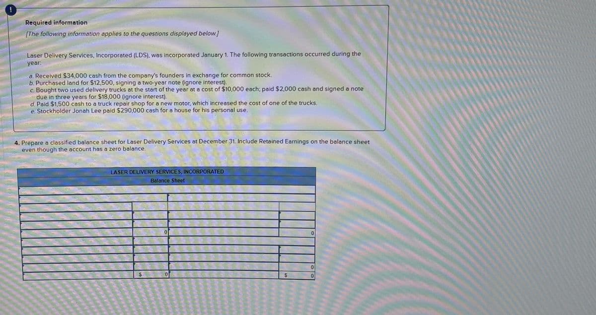 Required information
[The following information applies to the questions displayed below.]
Laser Delivery Services, Incorporated (LDS), was incorporated January 1. The following transactions occurred during the
year:
a. Received $34,000 cash from the company's founders in exchange for common stock.
b. Purchased land for $12,500, signing a two-year note (ignore interest).
c. Bought two used delivery trucks at the start of the year at a cost of $10,000 each; paid $2,000 cash and signed a note
due in three years for $18,000 (ignore interest).
d. Paid $1,500 cash to a truck repair shop for a new motor, which increased the cost of one of t
e. Stockholder Jonah Lee paid $290,000 cash for a house for his personal use.
4. Prepare a classified balance sheet for Laser Delivery Services at December 31. Include Retained Earnings on the balance sheet
even though the account has a zero balance.
LASER DELIVERY SERVICES, INCORPORATED
S
Balance Sheet
trucks.
10
0
0
0