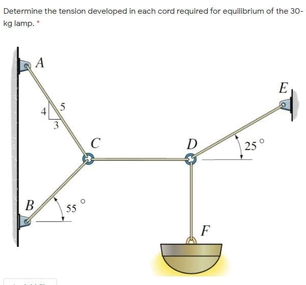 Determine the tension developed in each cord required for equilibrium of the 30-
kg lamp. *
A
E
4
5
C
D
25°
В
55
F
