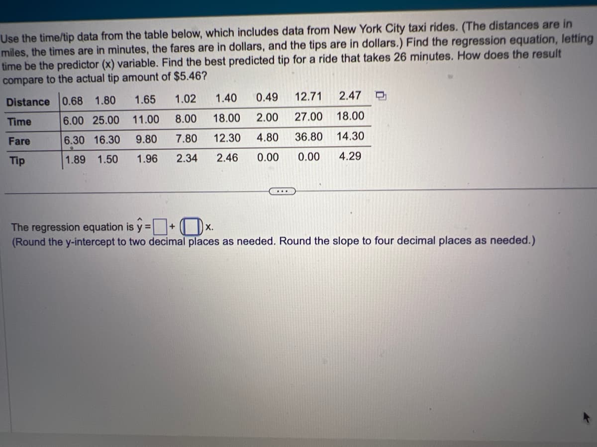 Use the time/tip data from the table below, which includes data from New York City taxi rides. (The distances are in
miles, the times are in minutes, the fares are in dollars, and the tips are in dollars.) Find the regression equation, letting
time be the predictor (x) variable. Find the best predicted tip for a ride that takes 26 minutes. How does the result
compare to the actual tip amount of $5.46?
Distance 0.68 1.80
6.00 25.00
6.30 16.30
9.80
1.89 1.50 1.96
Time
Fare
Tip
1.65
11.00
1.02
1.40
0.49
12.71 2.47
8.00 18.00
2.00 27.00 18.00
7.80 12.30
4.80 36.80
14.30
2.34 2.46 0.00 0.00
4.29
D
The regression equation is y=[ +
(Round the y-intercept to two decimal places as needed. Round the slope to four decimal places as needed.)