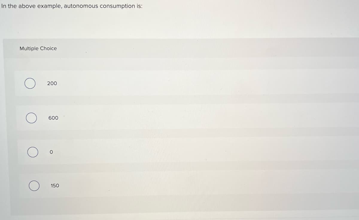 In the above example, autonomous consumption is:
Multiple Choice
200
600
O
150