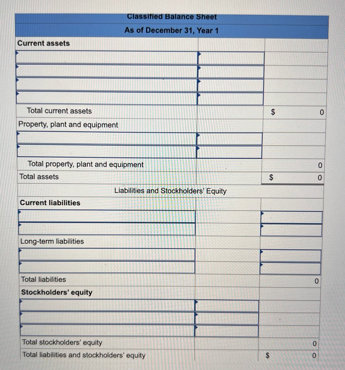 Current assets
Total current assets
Property, plant and equipment
Total property, plant and equipment
Total assets
Current liabilities
Long-term liabilities
Classified Balance Sheet
As of December 31, Year 1
Total liabilities
Stockholders' equity
Liabilities and Stockholders' Equity
Total stockholders' equity
Total liabilities and stockholders' equity
$
$
$
0
OO
0
0
0
0
0
