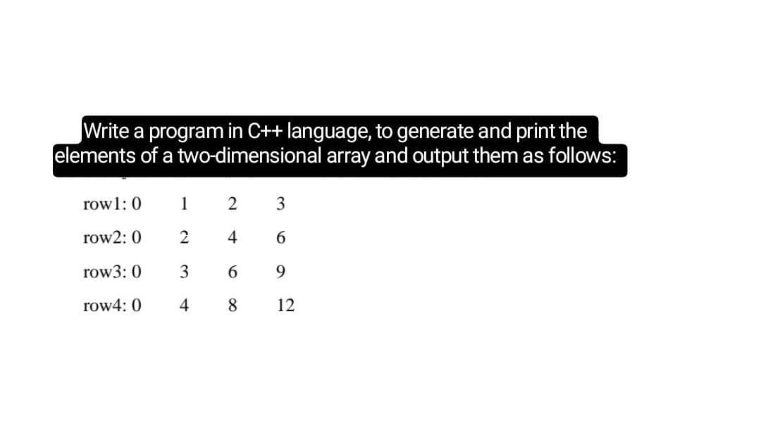 Write a program in C++ language, to generate and print the
elements of a two-dimensional array and output them as follows:
row1: 0
1
2
3
row2: 0
4
6.
row3: 0
3
6.
9.
row4: 0
4
12
