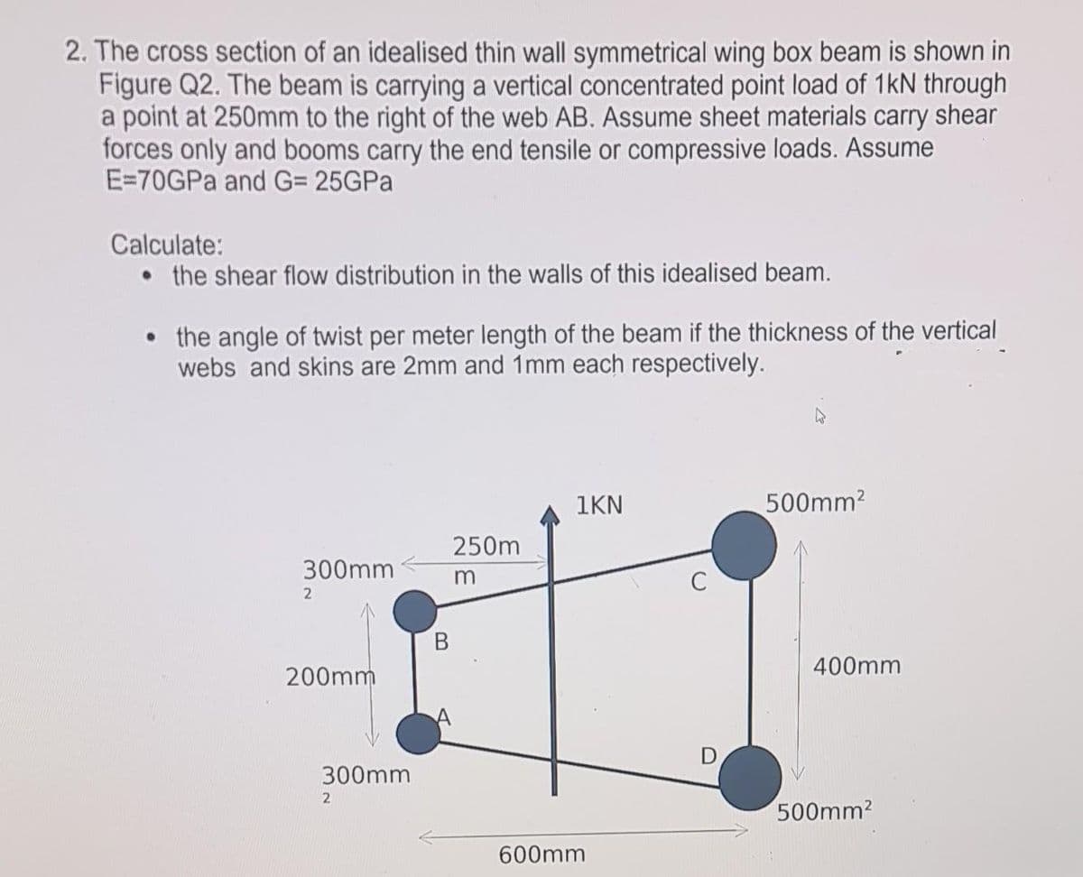 2. The cross section of an idealised thin wall symmetrical wing box beam is shown in
Figure Q2. The beam is carrying a vertical concentrated point load of 1kN through
a point at 250mm to the right of the web AB. Assume sheet materials carry shear
forces only and booms carry the end tensile or compressive loads. Assume
E=70GPa and G= 25GPa
Calculate:
• the shear flow distribution in the walls of this idealised beam.
• the angle of twist per meter length of the beam if the thickness of the vertical
webs and skins are 2mm and 1mm each respectively.
1KN
500mm²
300mm
250m
m
2
200mm
300mm
2
600mm
D
400mm
500mm²