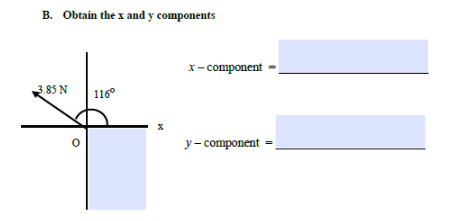 B. Obtain the x and y components
х- соmponent
3.85 N
116°
y- component =
