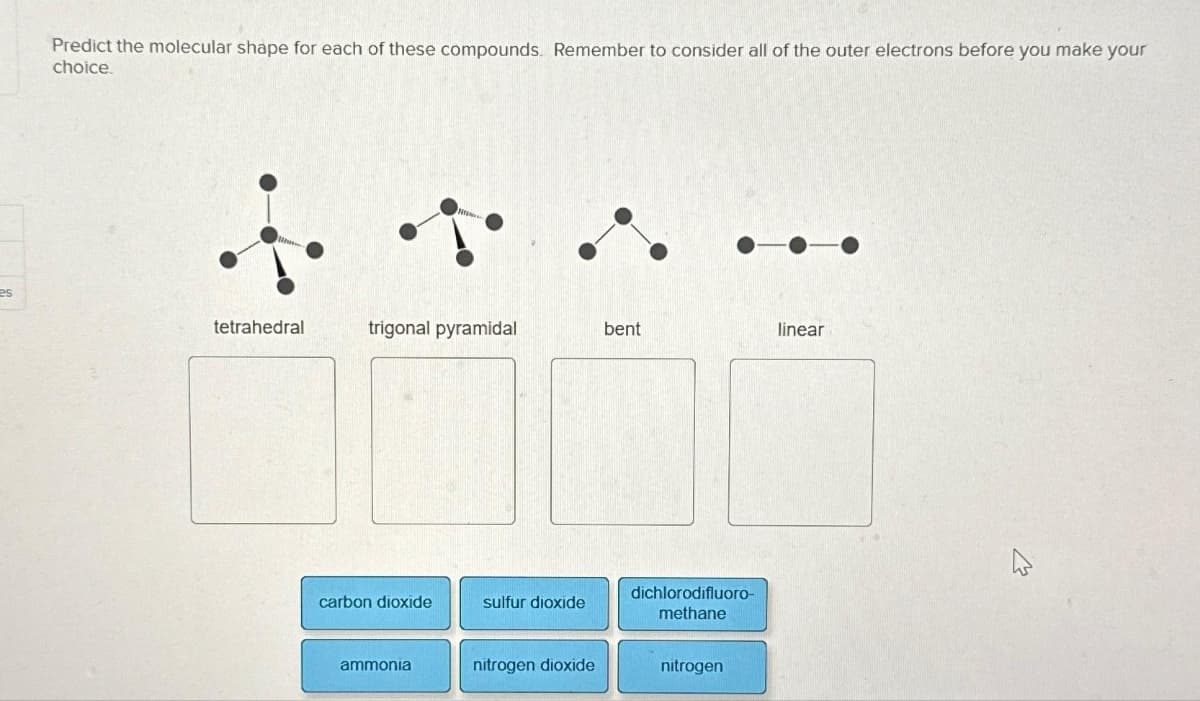 es
Predict the molecular shape for each of these compounds. Remember to consider all of the outer electrons before you make your
choice.
tetrahedral
trigonal pyramidal
carbon dioxide
ammonia
sulfur dioxide
nitrogen dioxide
bent
dichlorodifluoro-
methane
nitrogen
linear